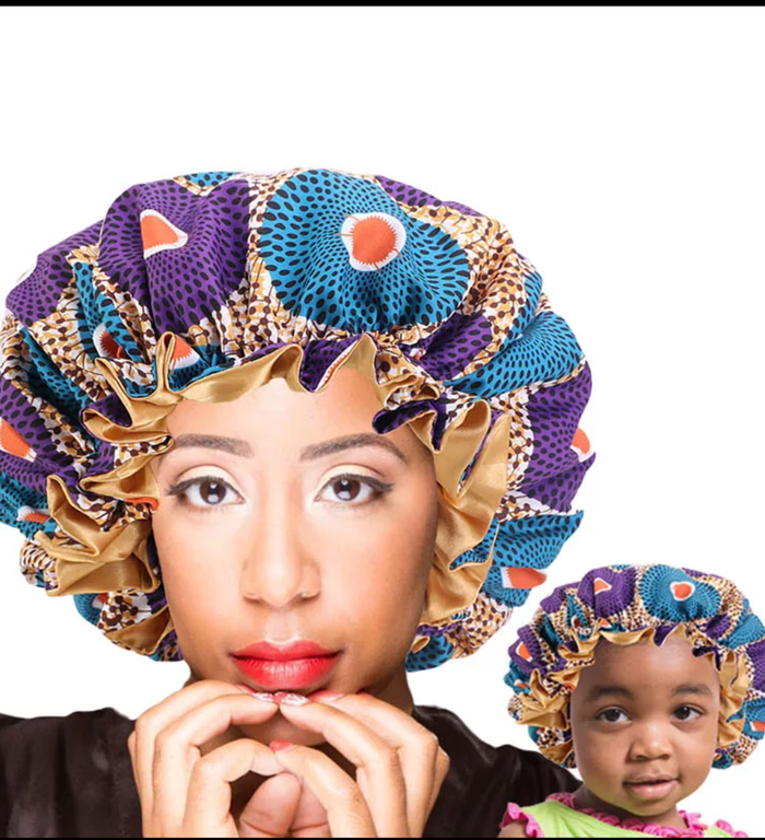 Karima African Print Satin Lined Mom and Daughter set Bonnett